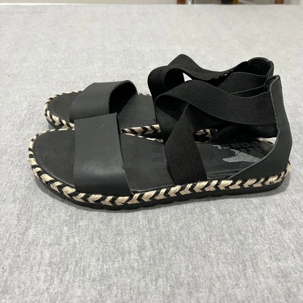 Sorel Ella II Sandal Womens 6‎ Black Leather Elastic Strap Espadrille NL4045-010